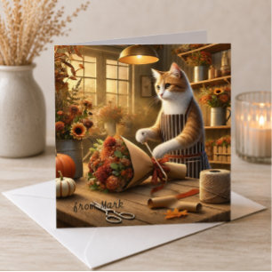 Autumn Cat with Flowers – Fall Season Greeting Holiday Card