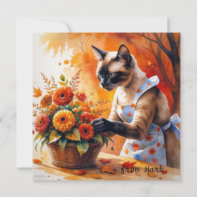Autumn Cat with Flowers – Fall Season Greeting Holiday Card (Front)
