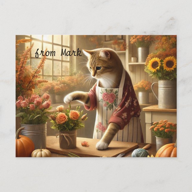Autumn Cat with Flowers – Fall Season Greeting Holiday Postcard (Front)