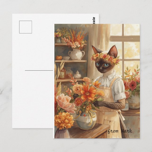 Autumn Cat with Flowers – Fall Season Greeting Postcard (Front/Back)
