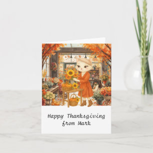 Autumn Cat with Flowers Fall Season Thanksgiving Card