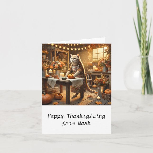 Autumn Cat with Flowers Fall Season Thanksgiving  Card (Front)