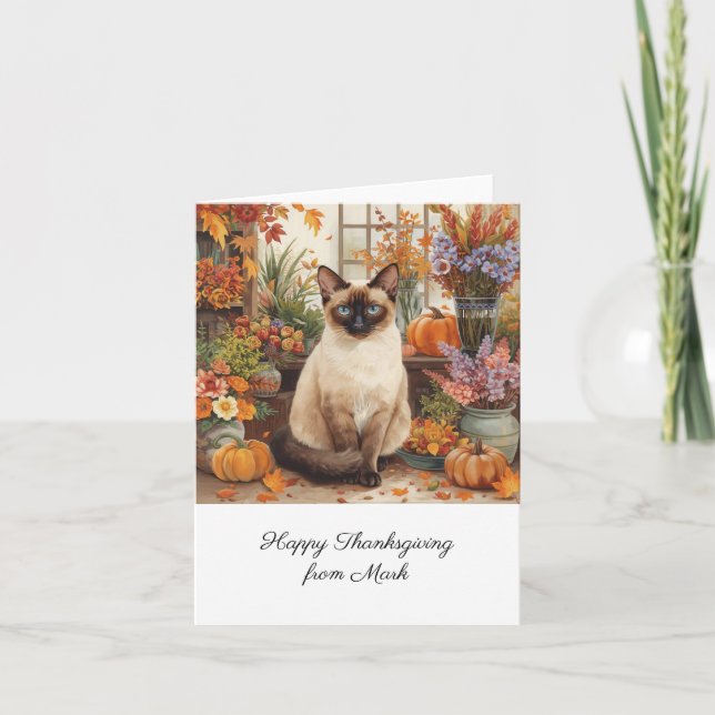 Autumn Cat with Flowers Fall Season Thanksgiving  Card (Front)