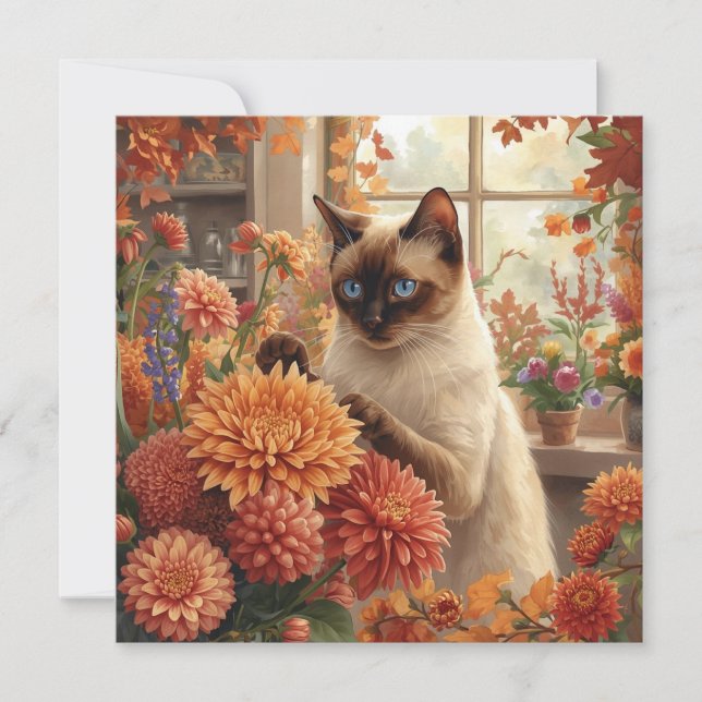 Autumn Cat with Flowers – Fall Thanksgiving Holiday Card (Front)