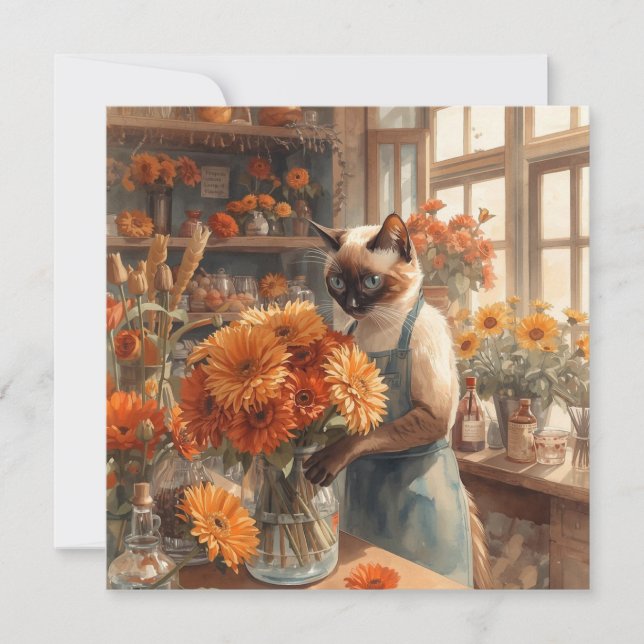 Autumn Cat with Flowers – Fall Thanksgiving Holiday Card (Front)