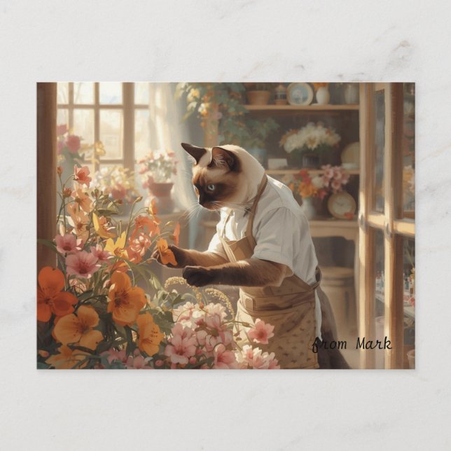 Autumn Cat with Flowers – Fall Thanksgiving Holiday Postcard (Front)
