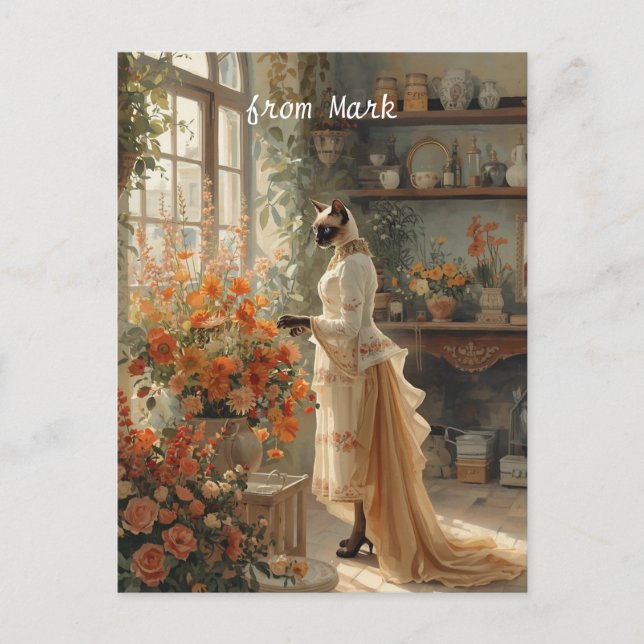 Autumn Cat with Flowers – Fall Thanksgiving Holiday Postcard (Front)