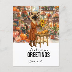 Autumn Cat with Flowers – Fall Thanksgiving Holiday Postcard