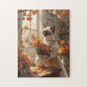 Autumn Cat with flowers for Thanksgiving Jigsaw Puzzle