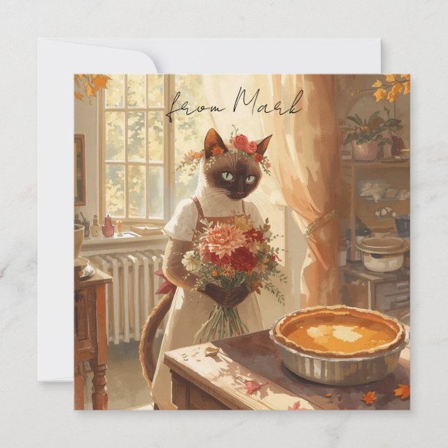 Autumn Cat with Pumpkin Pie Fall Season Greeting Holiday Card (Front)