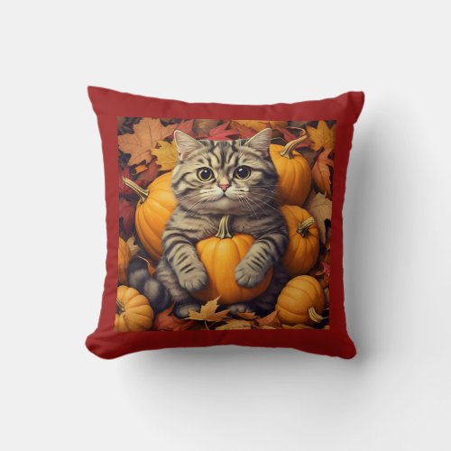 Autumn Cat with Pumpkins  Leaves Throw Pillow