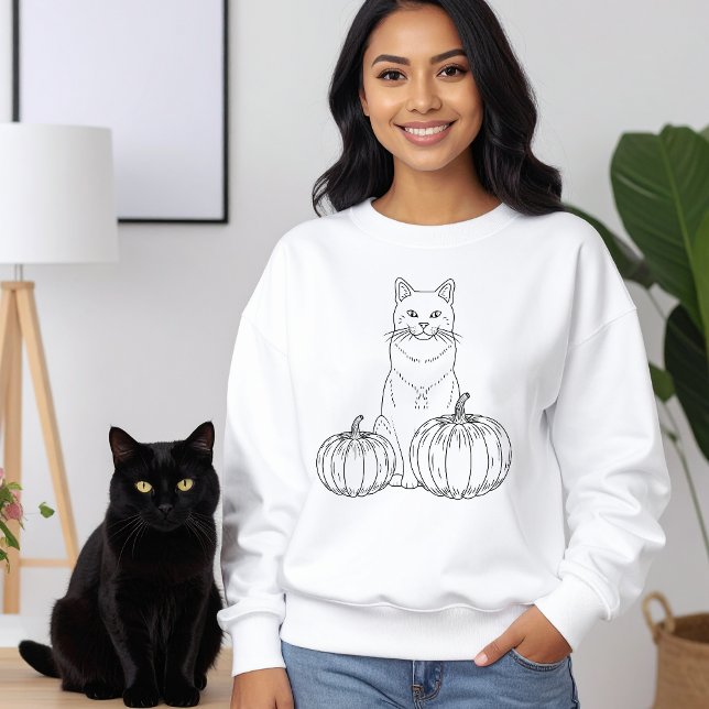Autumn Cat With Pumpkins Line Art Cute Halloween Sweatshirt (Disclaimer: This image is a digital mockup.)
