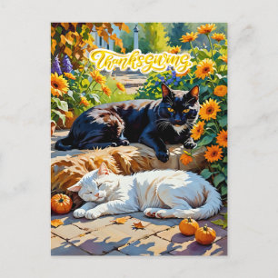 Autumn Cats and Pumpkins Garden Scene Postcard