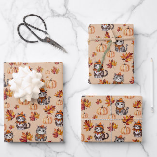 Autumn Cats and Pumpkins Wrapping Paper Sheets