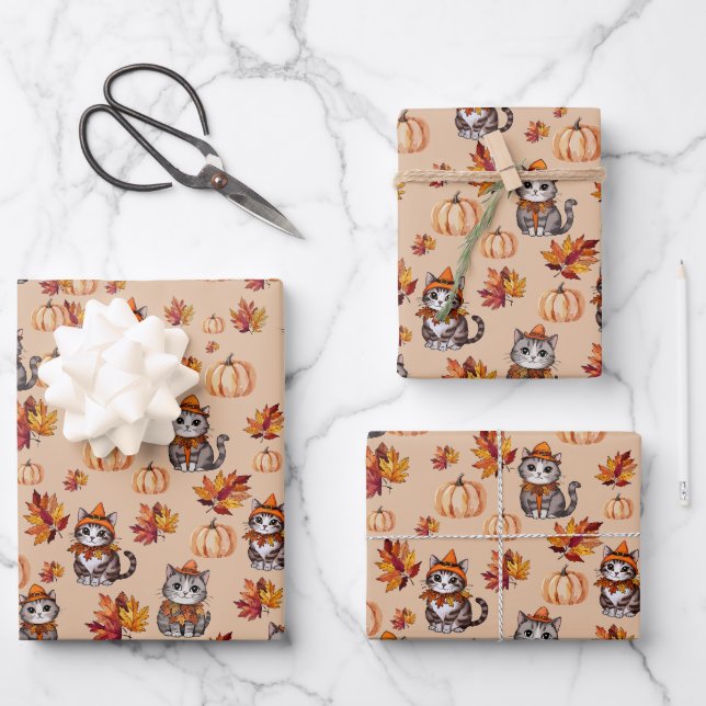Autumn Cats and Pumpkins Wrapping Paper Sheets (Front)