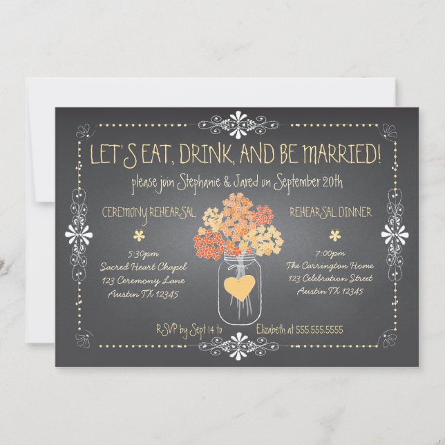 Autumn Chalkboard Wedding Rehearsal Mason Jar Invitation (Front)