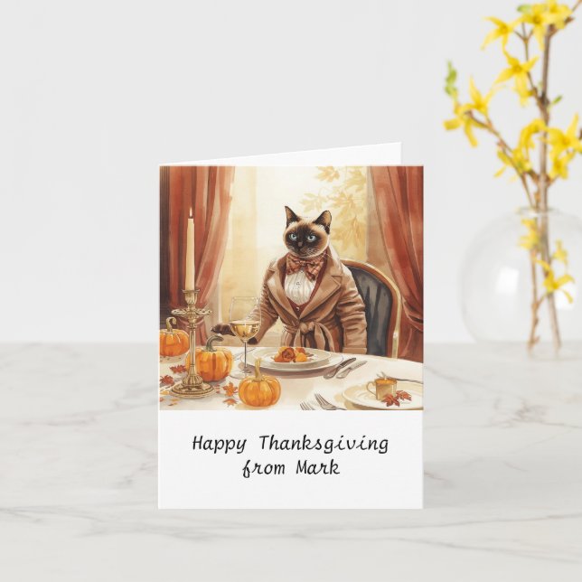 Autumn chic Siamese Cat  hostess cat at dinner  Card (Yellow Flower)