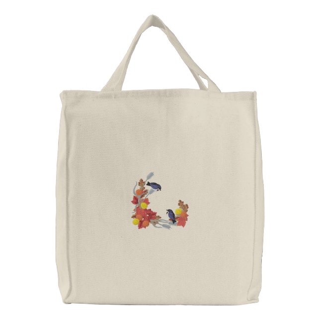 Autumn Chickadees Embroidered Tote Bag (Front)