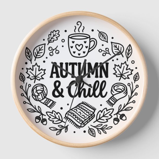 Autumn & Chill | Cozy Fall Hand-Lettered Line Art  Clock (Front)