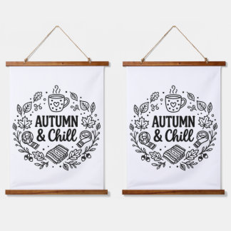 Autumn & Chill | Cozy Fall Hand-Lettered Line Art  Hanging Tapestry