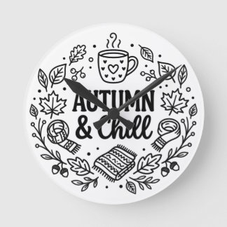 Autumn & Chill | Cozy Fall Hand-Lettered Line Art  Round Clock