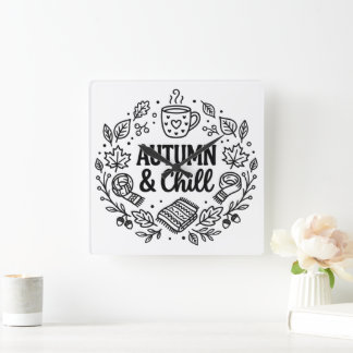 Autumn & Chill | Cozy Fall Hand-Lettered Line Art  Square Wall Clock
