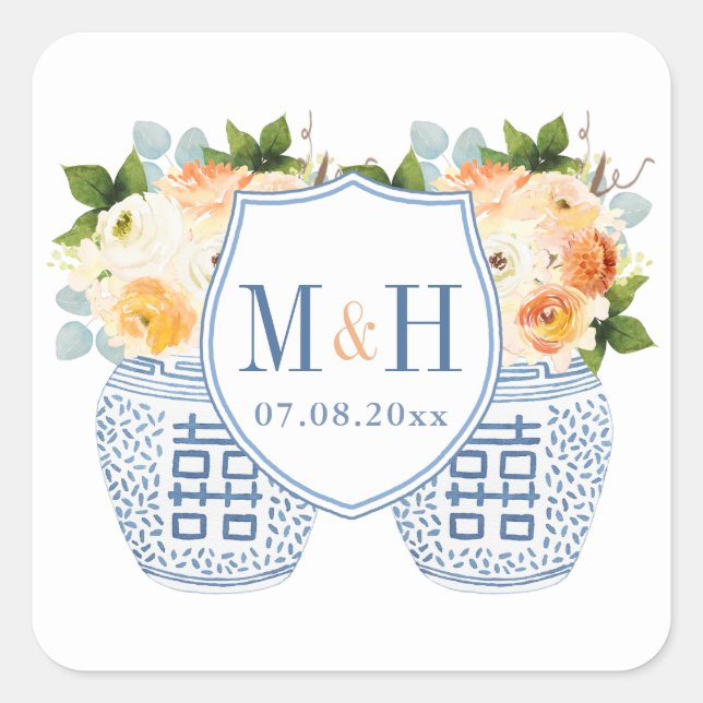 Autumn Chinoiserie Monogram Wedding Favor Square Sticker (Front)