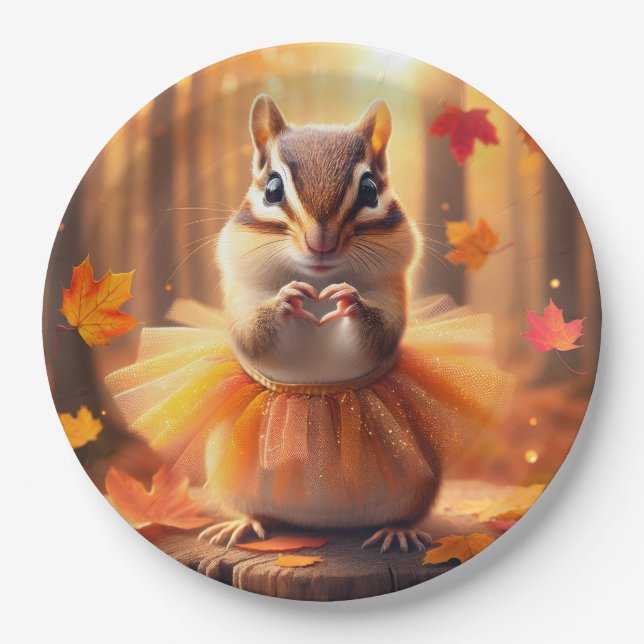 Autumn Chipmunk With Tutu and Heart Paper Plates (Front)