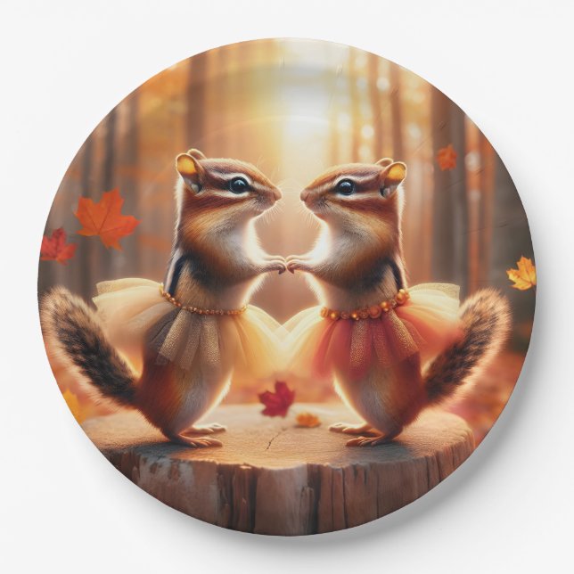 Autumn Chipmunks Dancing Paper Plates (Front)