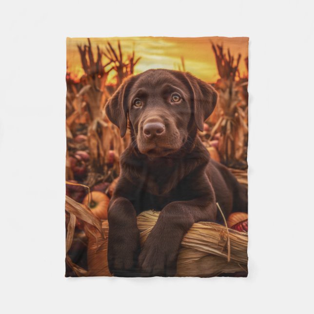 Autumn Chocolate Lab Puppy – Sweet & Cozy Fleece Blanket (Front)