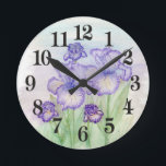 Autumn Circus and Art Deco Iris' Round Clock<br><div class="desc">Original drawing of these beautiful Iris' are done in watercolor pencil and acrylic paint by Linda Ginn.</div>