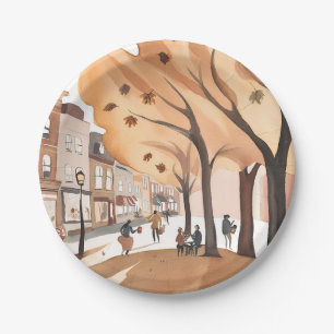 Autumn City Park Fall Foliage Watercolor Paper Plates