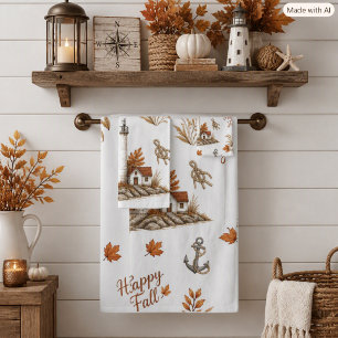 Autumn Coastal Lighthouse Nautical Fall Leaves Bath Towel Set