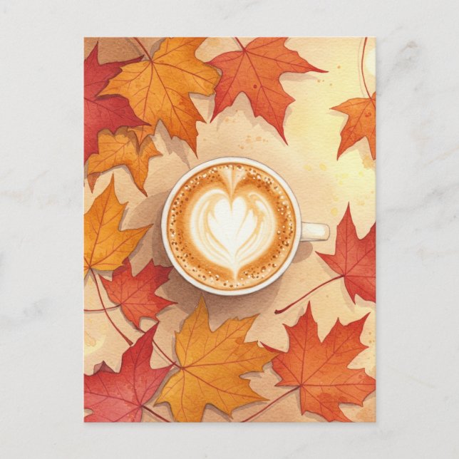 Autumn Coffee Postcard Cozy Fall Leaves Latte Art (Front)