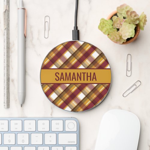 Autumn Color Plaid Pattern  Custom Name Wireless Charger