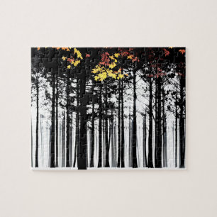 Autumn Color Splashes on Black Silhouette Trees Jigsaw Puzzle