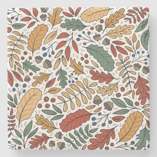 Autumn Colored Leaf Square Design Stone Coaster (Front)