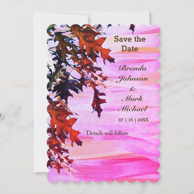 Autumn Colored Leaves Pink Swirl Save the Date (Front)