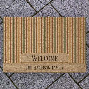 Autumn Colored Stripes custom family name welcome Fiber Doormat