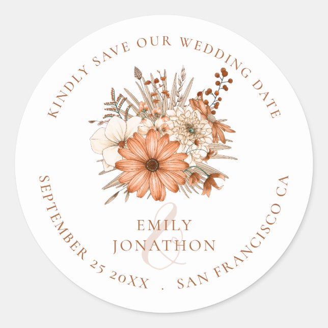 Autumn Colors Florals Wedding Save The Date Classic Round Sticker (Front)