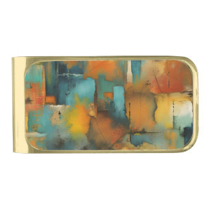 Autumn colors, geometric grunge paint abstract gold finish money clip