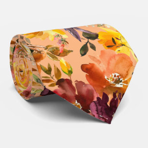 Autumn Colors Gold Peach Roses Floral Neck Tie