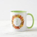 Autumn Colors Leafs Wreath Illustration Mug<br><div class="desc">Autumn colors leafs cute wreath illustration. Soft yellow and brown tones. Customizable monogram in suggested green.</div>