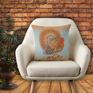 Autumn Colors Male Turkey Fanned Tail Leaves Throw Pillow