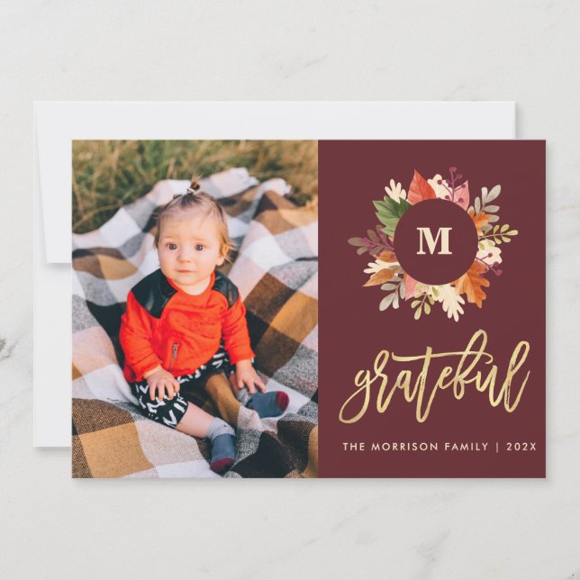 autumn colors monogram thanksgiving holiday photo card (Front)