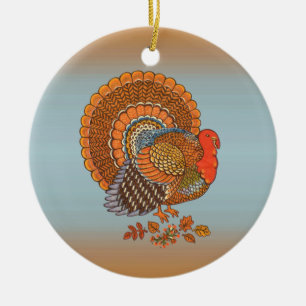 Autumn Colors Thanksgiving Male Turkey Fanned Tail Ceramic Ornament