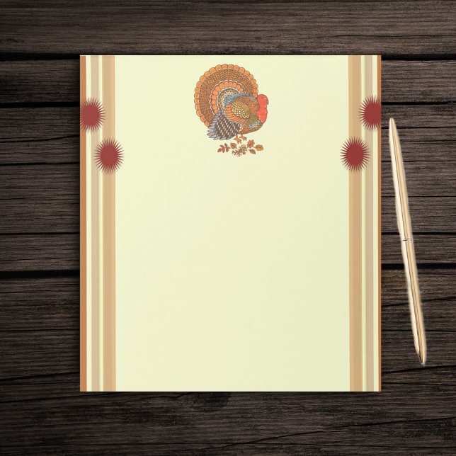 Autumn Colors Turkey Leaves Notepad (Male turkey fanned tail in leaves on yellow with shades of orange borders paper notepad.)