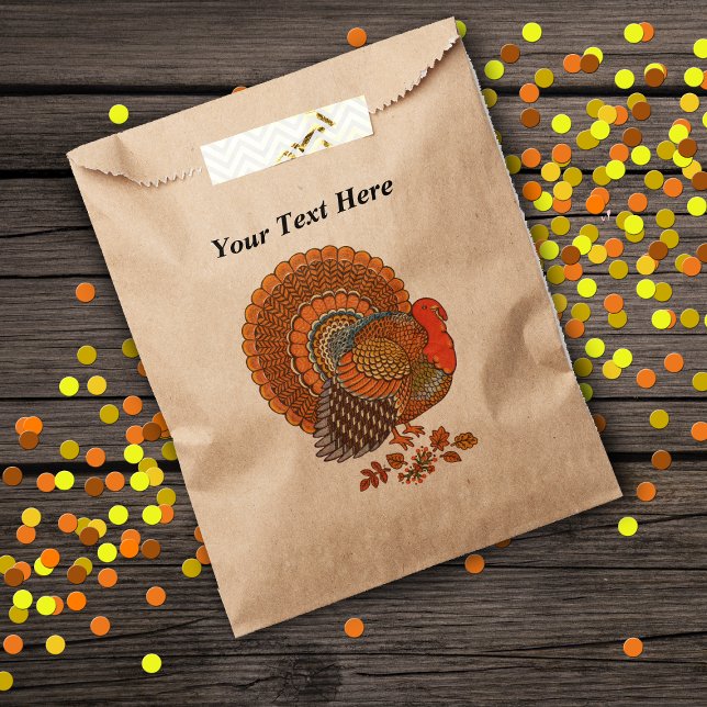 Autumn Colors Turkey Leaves Thanksgiving Favor Bag (Thanksgiving goody or favor bags in brown with male turkey Autumn coloured feathers leaves.)