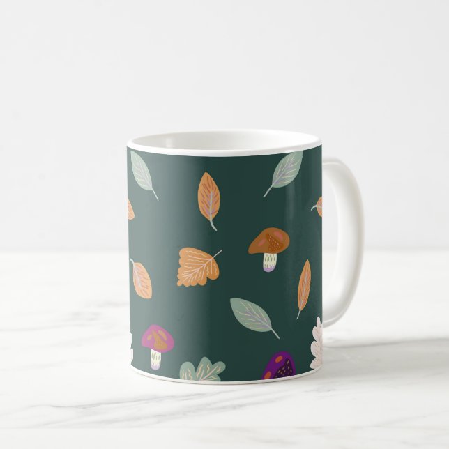 Autumn Colors with Leaves and Mushrooms Pattern Coffee Mug (Front Right)