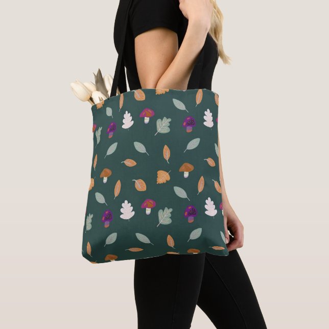 Autumn Colors with Leaves and Mushrooms Pattern Tote Bag (Close Up)